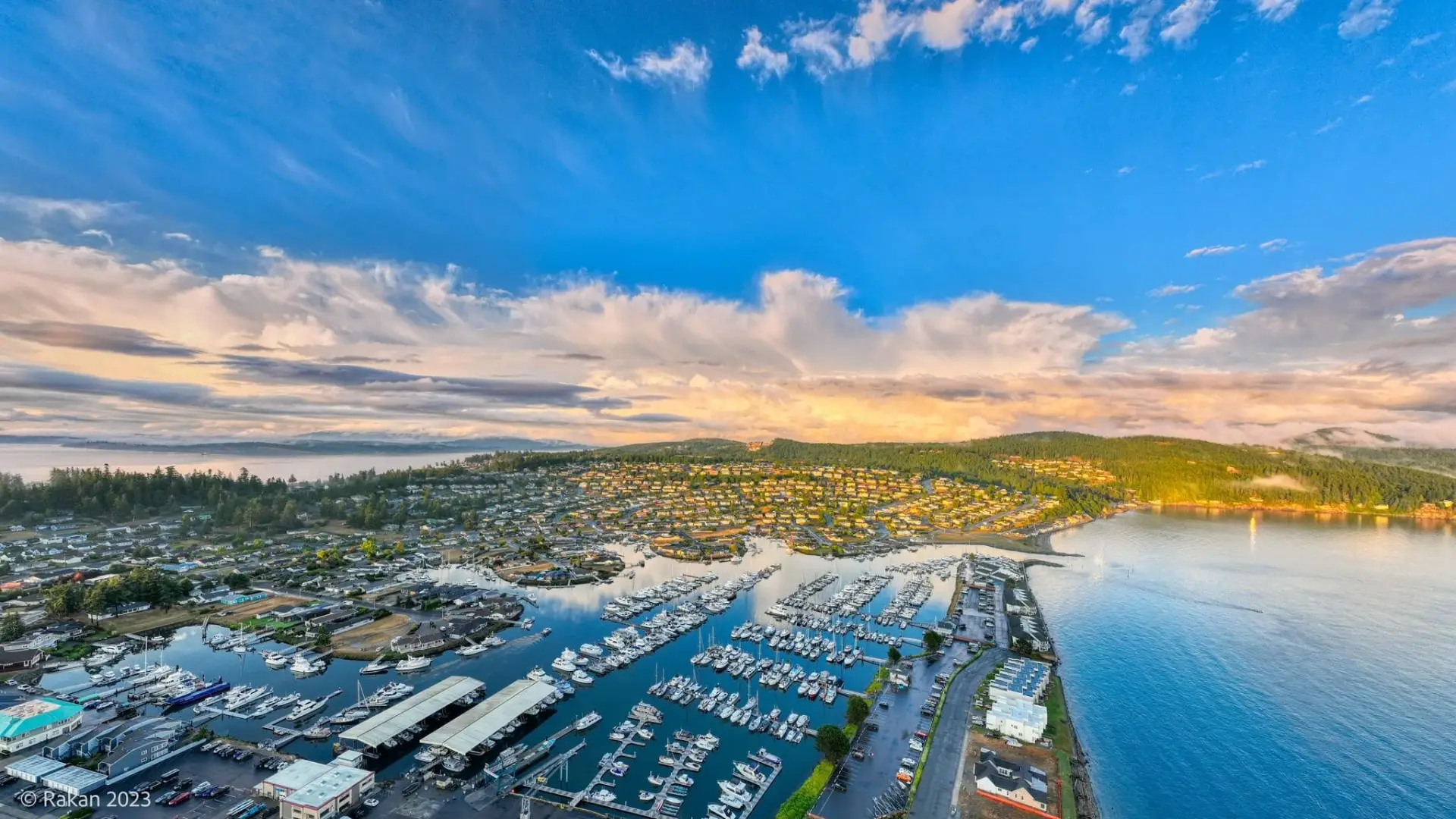 Aerial view of a large marina with hundreds of boats on turquoise water under a blue sky, by your Real Estate Expert in Anacortes WA.
