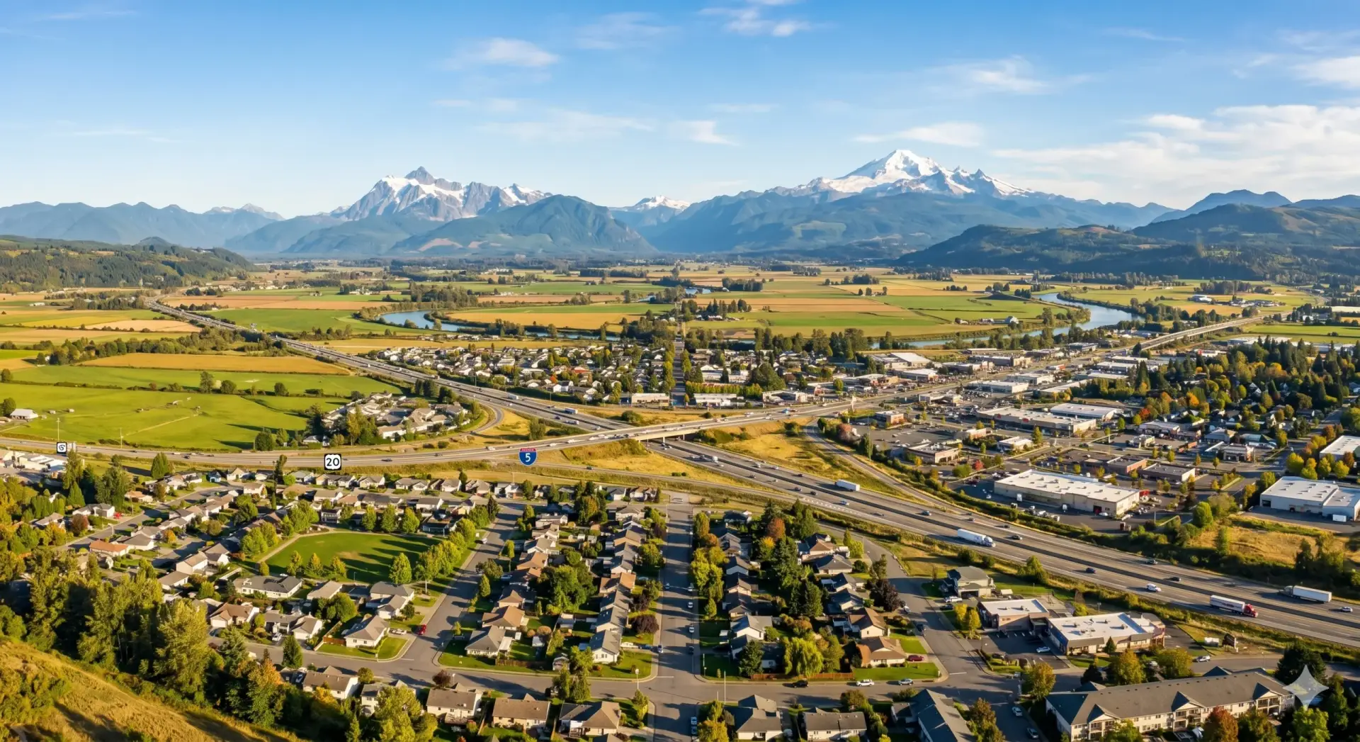 Aerial view of the Skagit Valley, Burlington, WA, with mountains and highways, seen by a Real Estate Expert in Burlington WA.