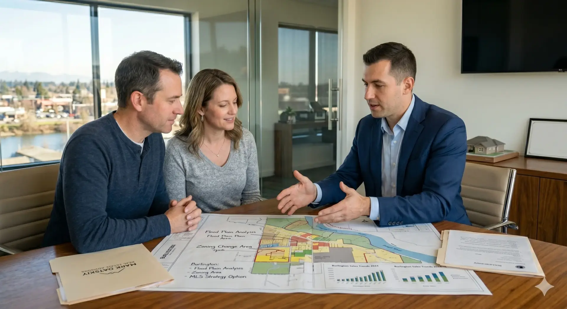 Consultation between a couple and a Real Estate Expert in Burlington WA analyzing property maps and charts.
