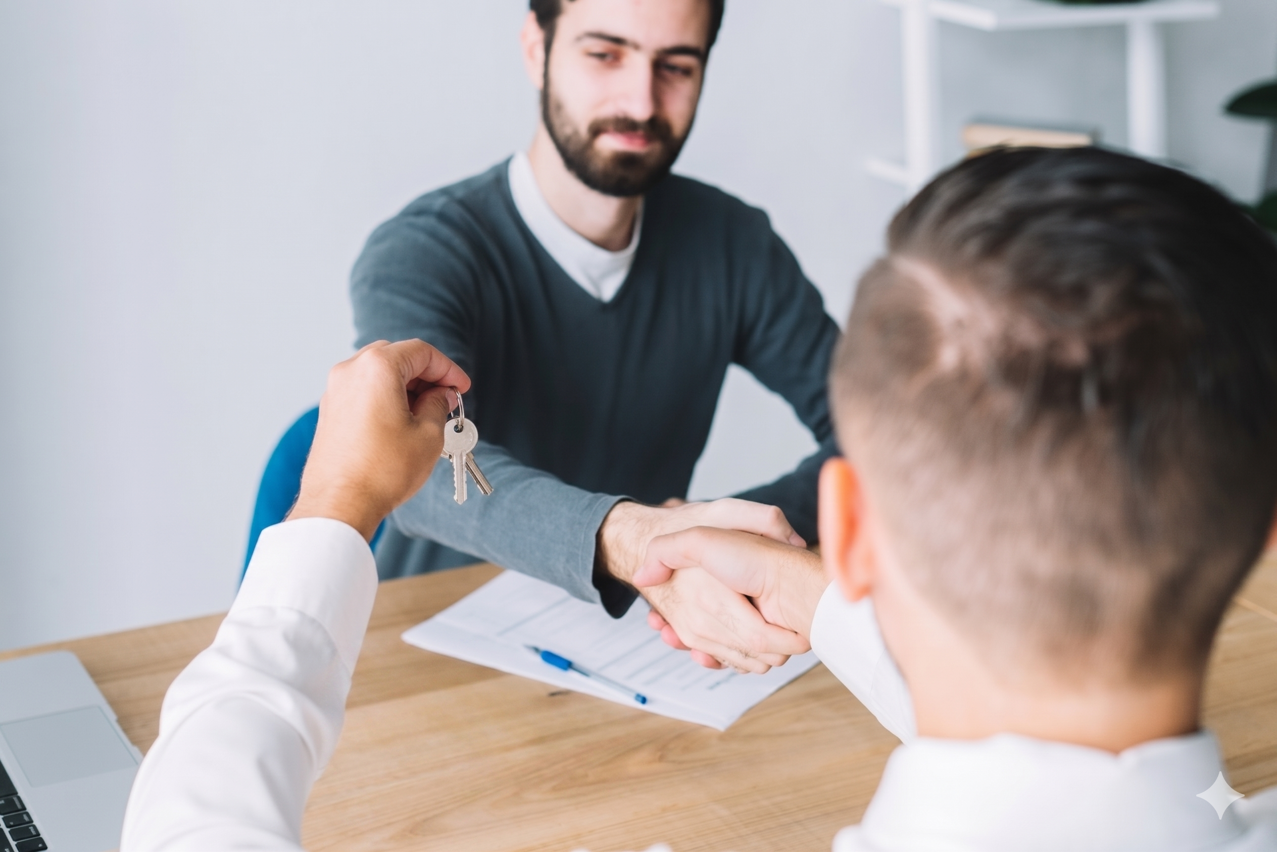 Client shaking hands and receiving house keys from a Real Estate Expert in Oak Harbor WA during a property deal.